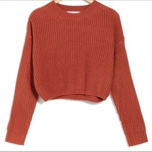 Elodie Rust Acrylic Cropped Crew Neck Ribbed Sweater NWT
